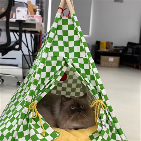 Zeze Cute Pet Tent Pet House Cat Nest Semi-closed Detachable Washable Mat Cat Bed Four Seasons Universal Cat Bed With Checkerboard Pattern