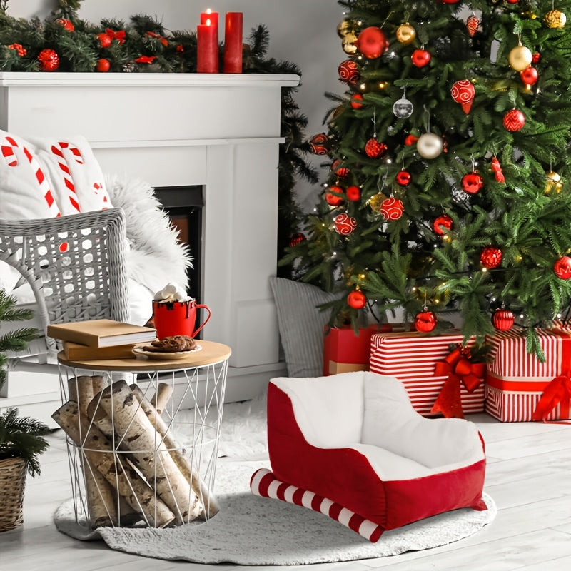 Christmas Sleigh Pet Bed - Red Velvet & Faux Fur, Breathable Soft Puppy & Kitten Bed with Santa Hat Design, Washable & Durable for Indoor/Outdoor Use - Perfect Holiday Gift for Dogs & Cats, Cat Lover Gifts