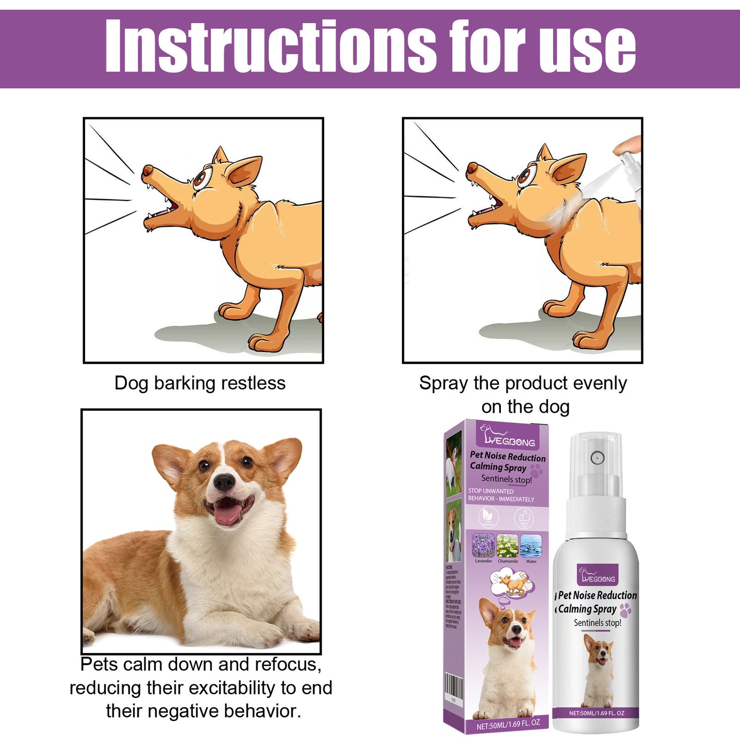 3-Pack 5.07oz Pet Noise Reducing Spray, Natural Plant Extract, Can Quickly Relieve Dog Anxiety, Say Goodbye to Barking And Disorderly Movement, And Use Chamomilelavenderpure Water Golden Formula to Soothe The Mood And Instant