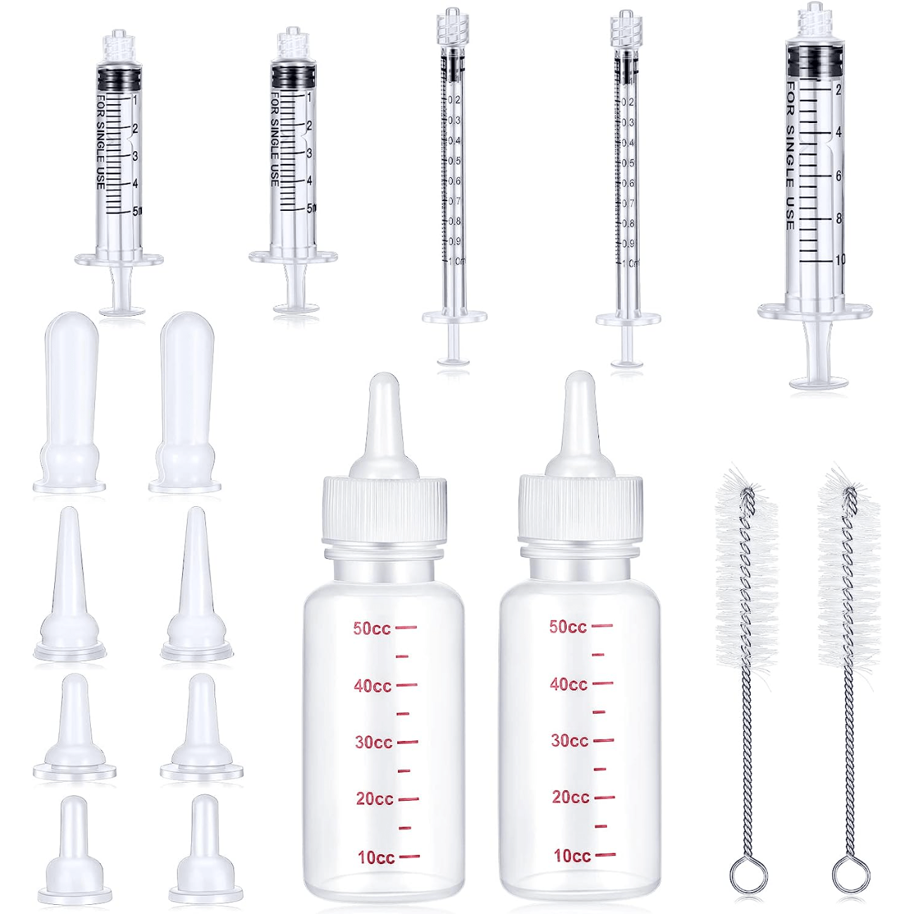 17pcs Pet Nursing Bottle Kit - 2 Bottles, 8 Pacifiers, 5 Syringes, 2 Brushes - Ideal For Feeding Puppies And Other Small Animals - Easy To Clean And Reuse