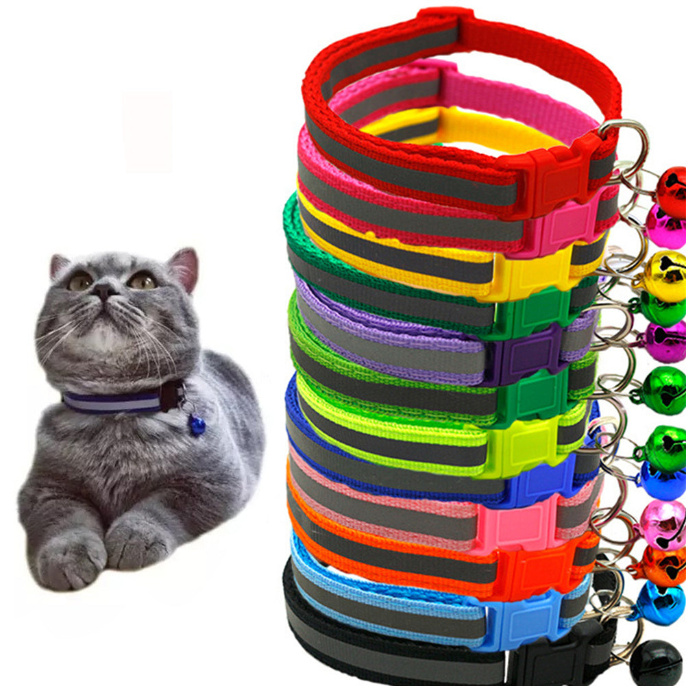 Reflective Safety Cat Collar With Bell - Adjustable, Durable Polyester Pet Neck Strap For Nighttime Visibility