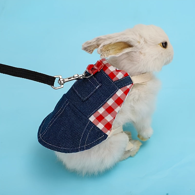 Durable Canvas Plaid Denim 1pc Rabbit Harness with Leash - Perfect for Dwarf Rabbits & Young Guinea Pigs - Stylish Pet Traction Rope Accessory