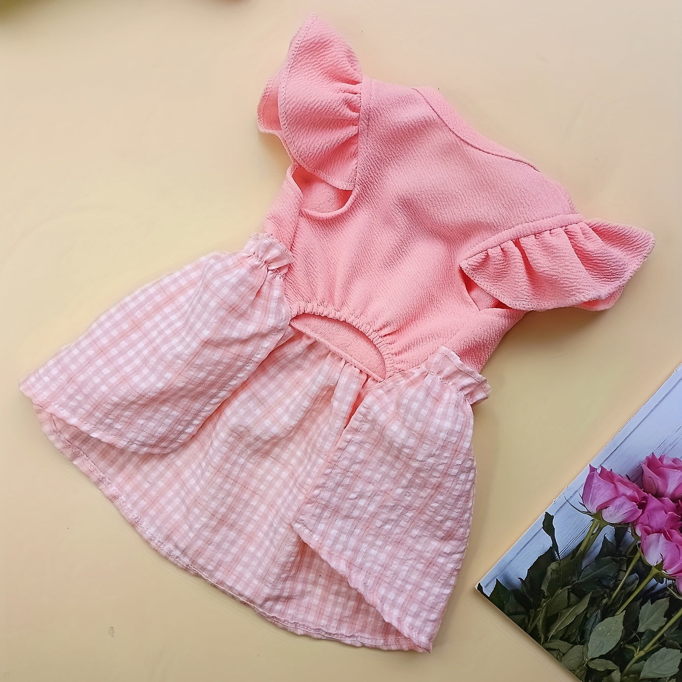 1pc Adorable Dog Pastoral Plaid Dress with Bow Bud & Flying Sleeves - Fashion Pet Skirt for Cats and Dogs - All Seasons Comfortable Clothing