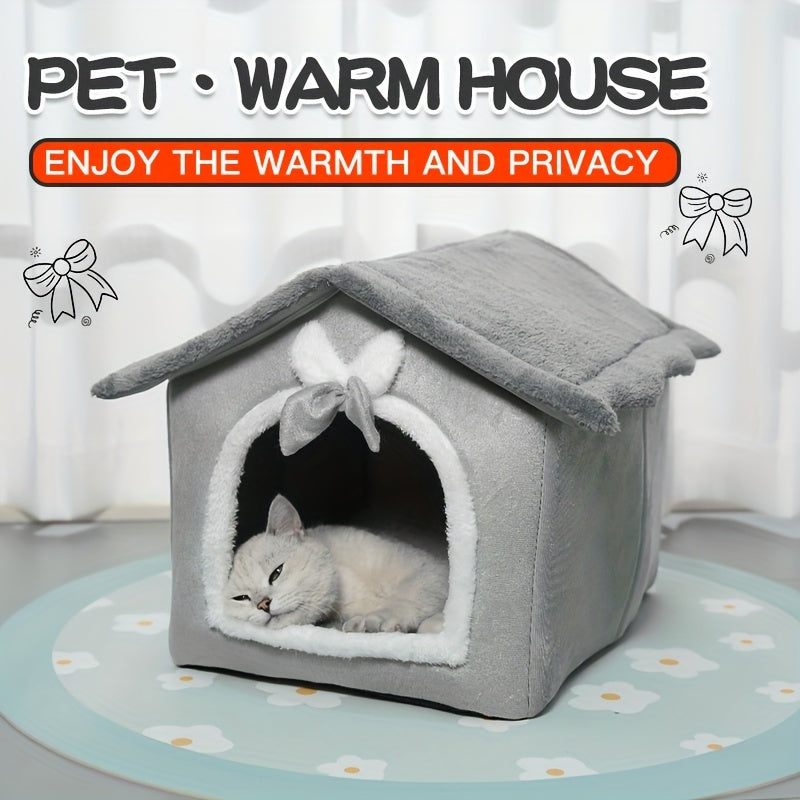 Warm Plush House Shaped Cat Kennel Cat Cave Bed With Anti-skid Bottom, Comfortable Pet Sleeping Bed For Indoor Cats And Small Medium Dogs