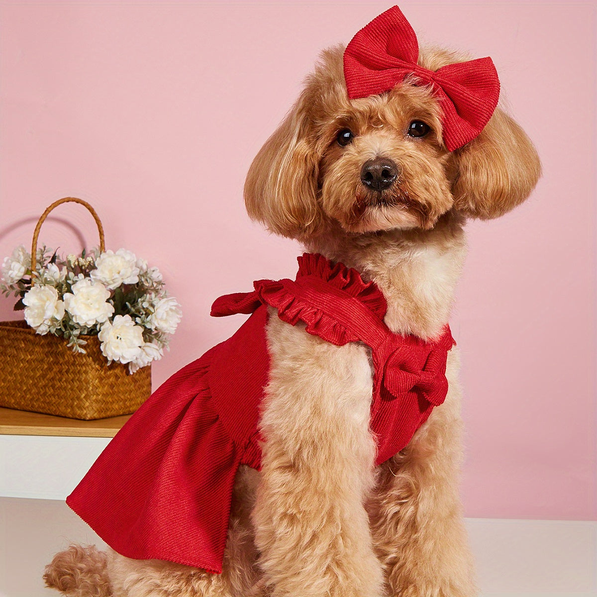 Adorable Red Corduroy Bowknot Dress for Small to Medium Dogs and Cats - All-Season Lightweight Pet Outfit with Matching Hair Clip, Perfect for Weddings, Christmas, and Special Occasions, Dog Dress