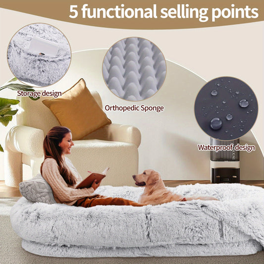 71"x45"x12" Orthopedic Dog Bed for Humans & Pets - Washable Faux Fur Oval Pet Bed with Plush Pillow & Strap, No Assembly Needed, Durable Polyester, Gray - Medium Dogs, Cozy Nap & Resting Spot, Pet Bed for Dogs, Cozy Home Deco