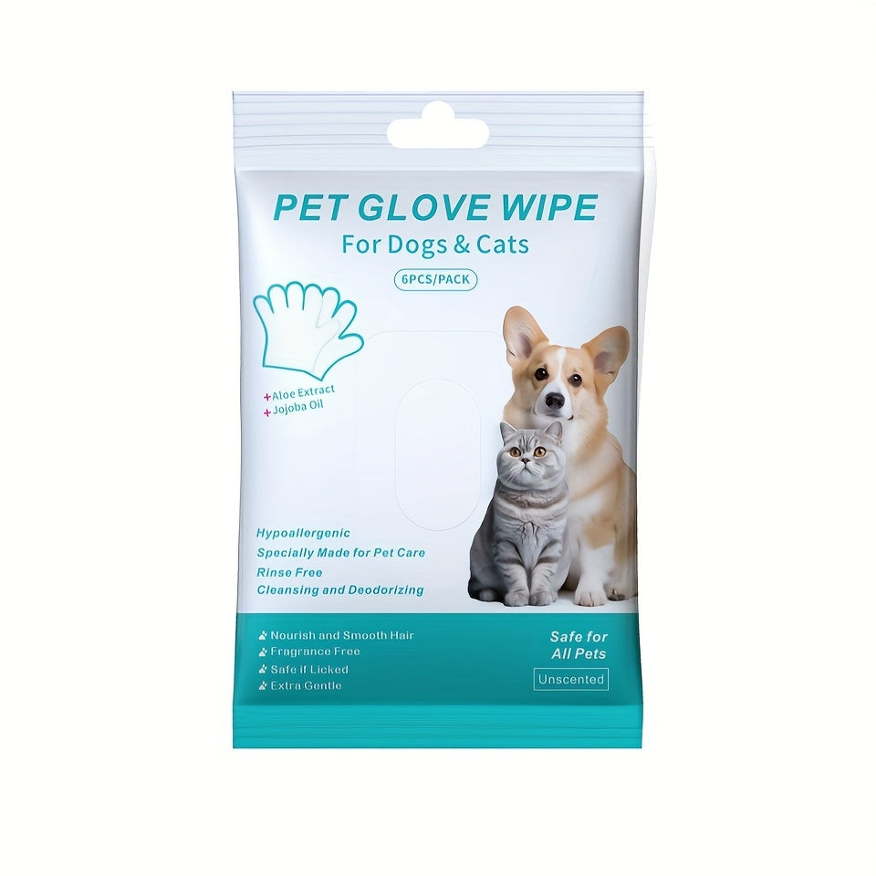 6-Pack Polyester Pet Grooming Wipes, Disposable Pet Bathing Gloves for Dogs and Cats, Unscented Cleaning Mitt for All Pets, Easy-to-Use Pet Care Supplies