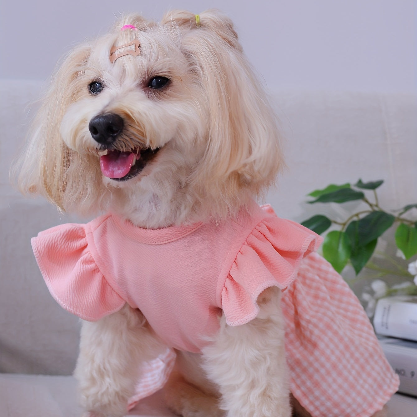 1pc Adorable Dog Pastoral Plaid Dress with Bow Bud & Flying Sleeves - Fashion Pet Skirt for Cats and Dogs - All Seasons Comfortable Clothing