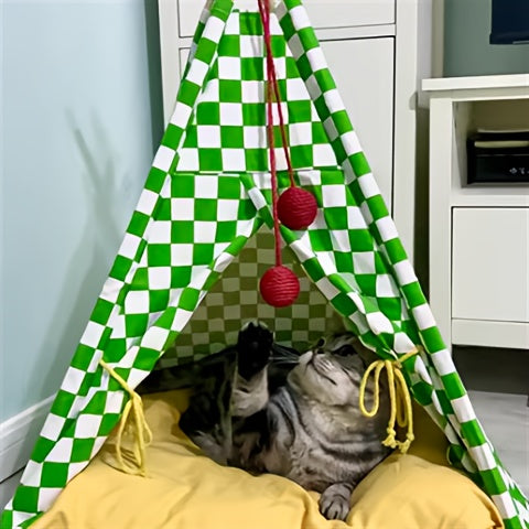 Zeze Cute Pet Tent Pet House Cat Nest Semi-closed Detachable Washable Mat Cat Bed Four Seasons Universal Cat Bed With Checkerboard Pattern