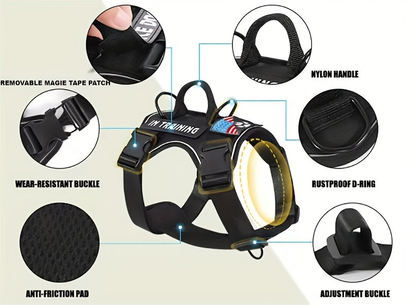 Service Dog Harness, Reflective Dog Vest Harness with 5pcs Patches, Adjustable Soft Oxford Pet Harness, Inner Layer Mesh, Easy to Control for Small Medium Large Dogs Random Buckle