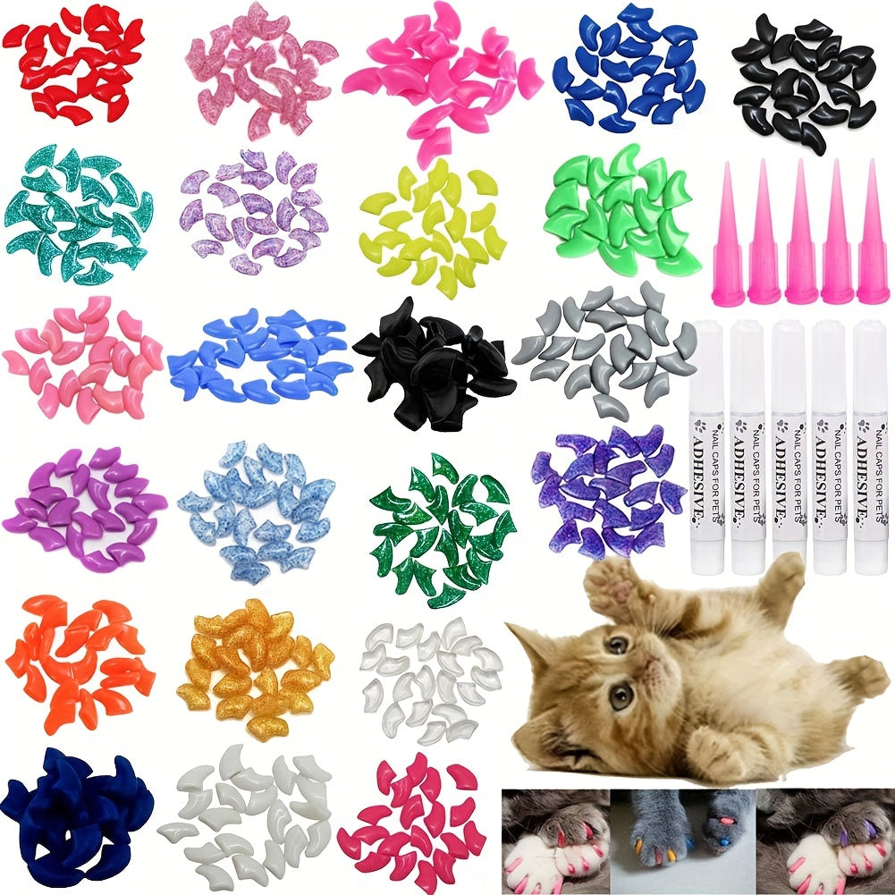 20/100pcs Vibrant Cat Nail Caps - Soft, Colorful, and Gentle Claws Covers with Easy-Apply Glue and Applicators for Safe and Stylish Pet Grooming