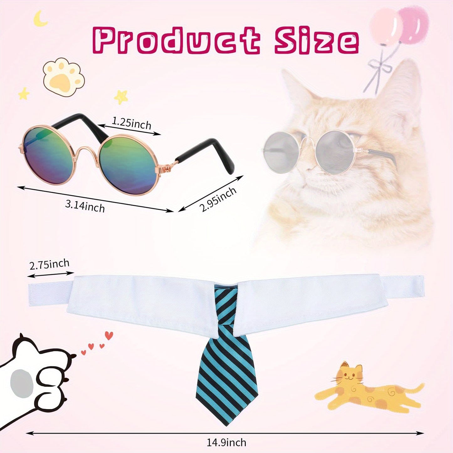 8 Pcs Pet Dog Cat Costume Dog Neck Tie And Dog Sunglasses For Small Dog Cat Round Metal Cat Classic Retro Sunglasses Cat Tie Pet Costume Tuxedo Necktie Collar Puppy Grooming Accessories Cosplay Party