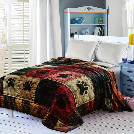 1pc Elegant Luxury Paw Print Quilt Blanket - Soft Flannel Plush Texture, Vintage-Inspired Multi-Color Patchwork with Black/White Paw Prints on Brown, 280gsm All-Season Cozy Throw for Bed, Sofa, Camping & Travel - Durable Pet