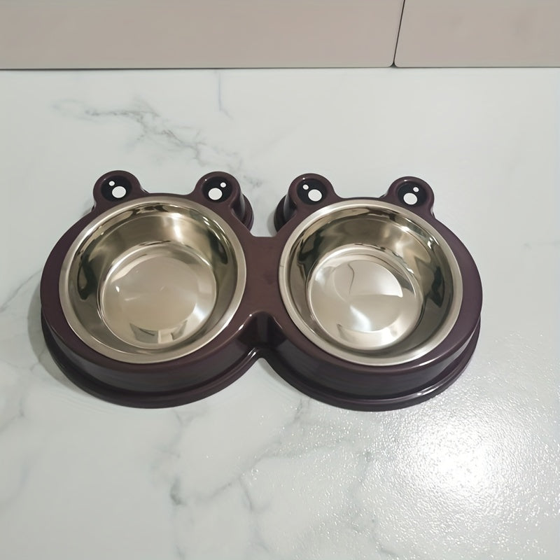 Pet Frog Design Stainless Steel Cat Double Bowl Water Food Bowls For Small Dogs Pet Cat