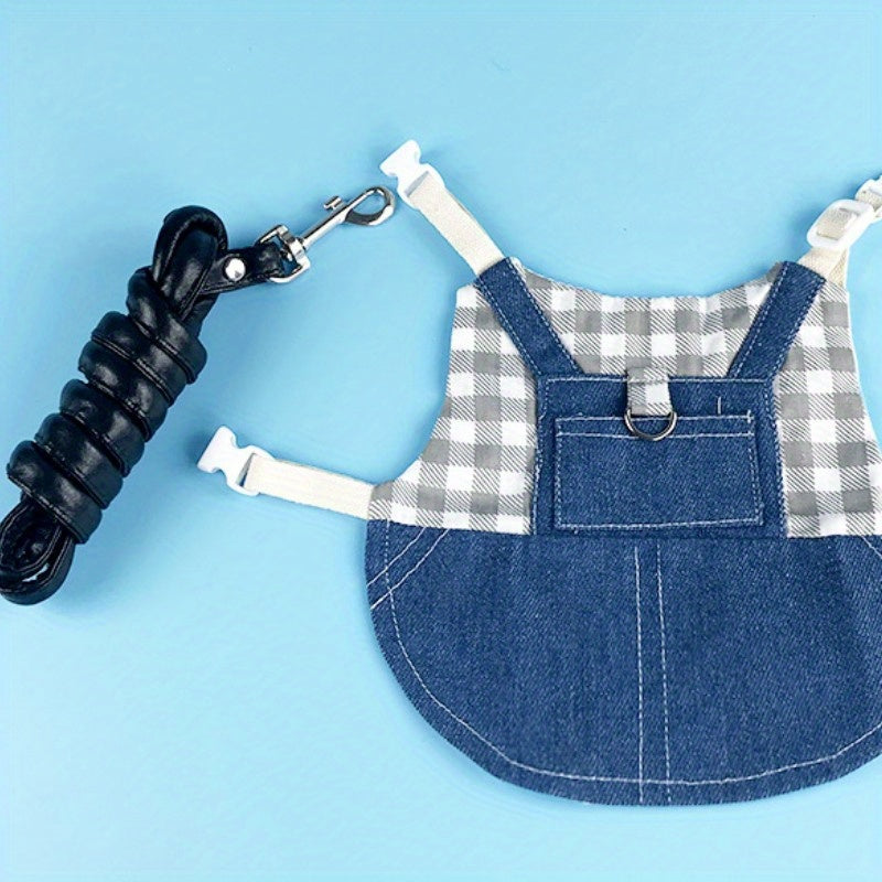 Durable Canvas Plaid Denim 1pc Rabbit Harness with Leash - Perfect for Dwarf Rabbits & Young Guinea Pigs - Stylish Pet Traction Rope Accessory