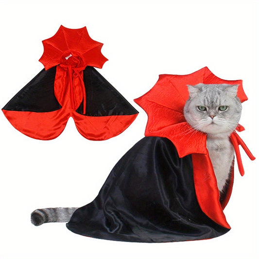 2pcs Halloween Pet Vampire Cloak Costume for Cats & Small Dogs - Fun and Comfortable Cosplay Outfit with Bat Wings, Red & Black Polyester Cape for Spooky Party Fun, Pet Halloween Costume | Vampire Cape Design | Comfortable Pe