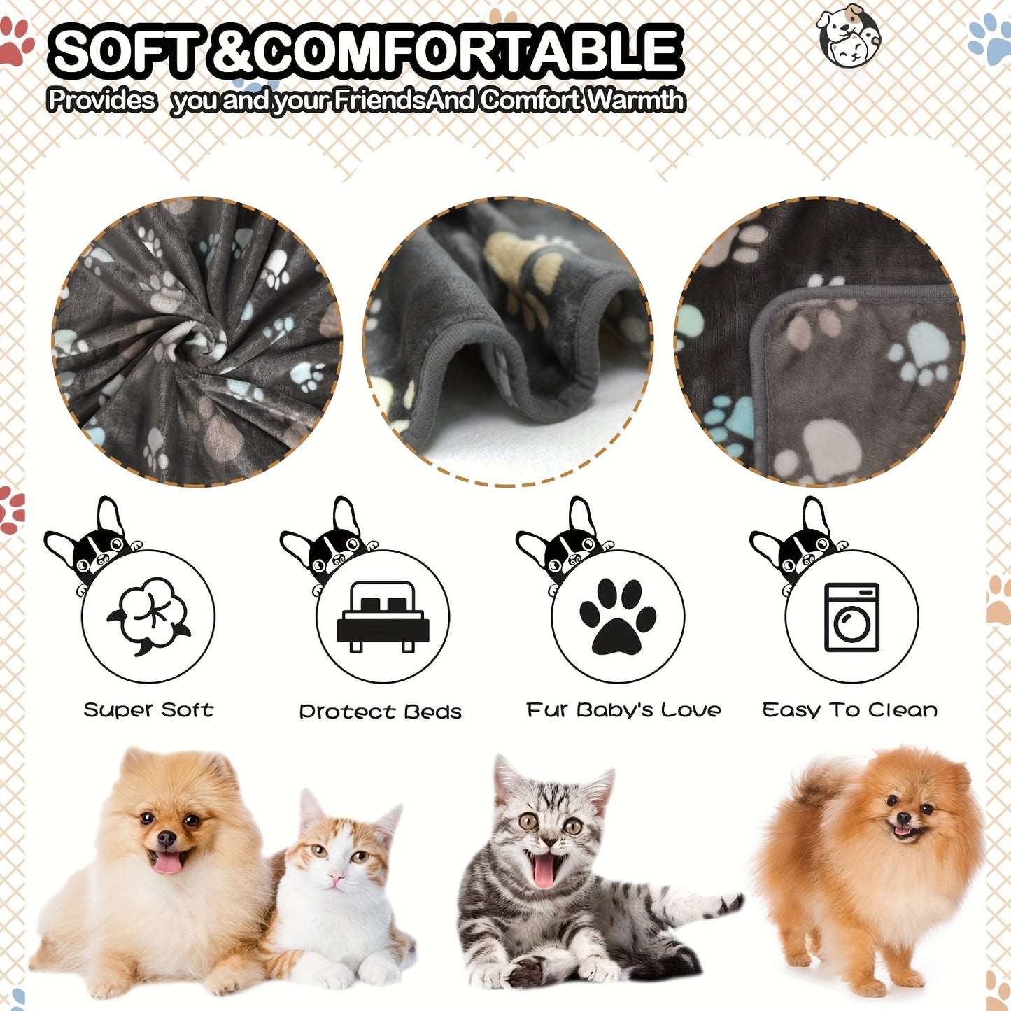 1pc Washable Flannel Paw Print Dog Blanket, Soft Pet Mat Cover for Dog Nest Cage Bed