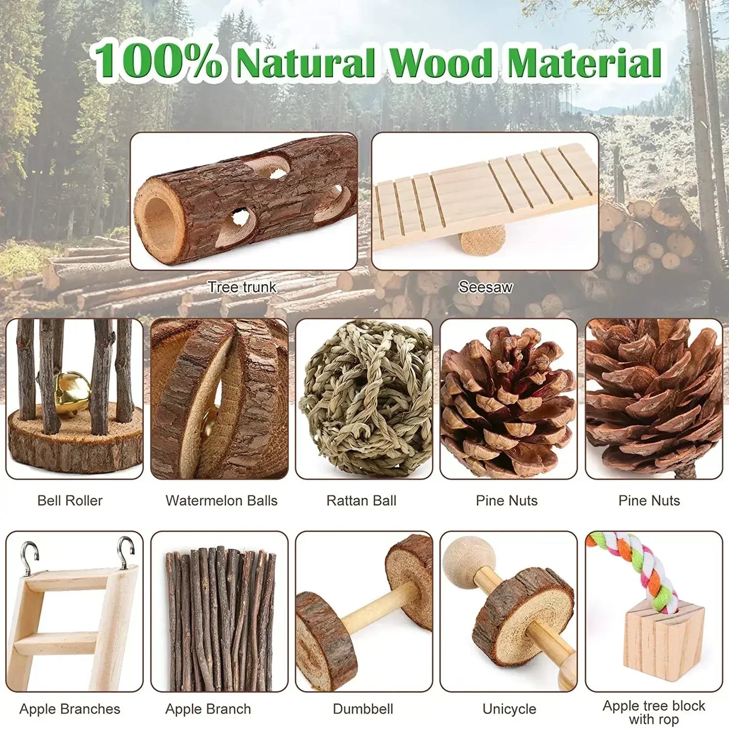 Multiple Sets of Safe Wooden Toys for Small Pets - Hamster, Rabbit, Totoro, Guinea Pig, Parrot. Ideal Daily Necessities