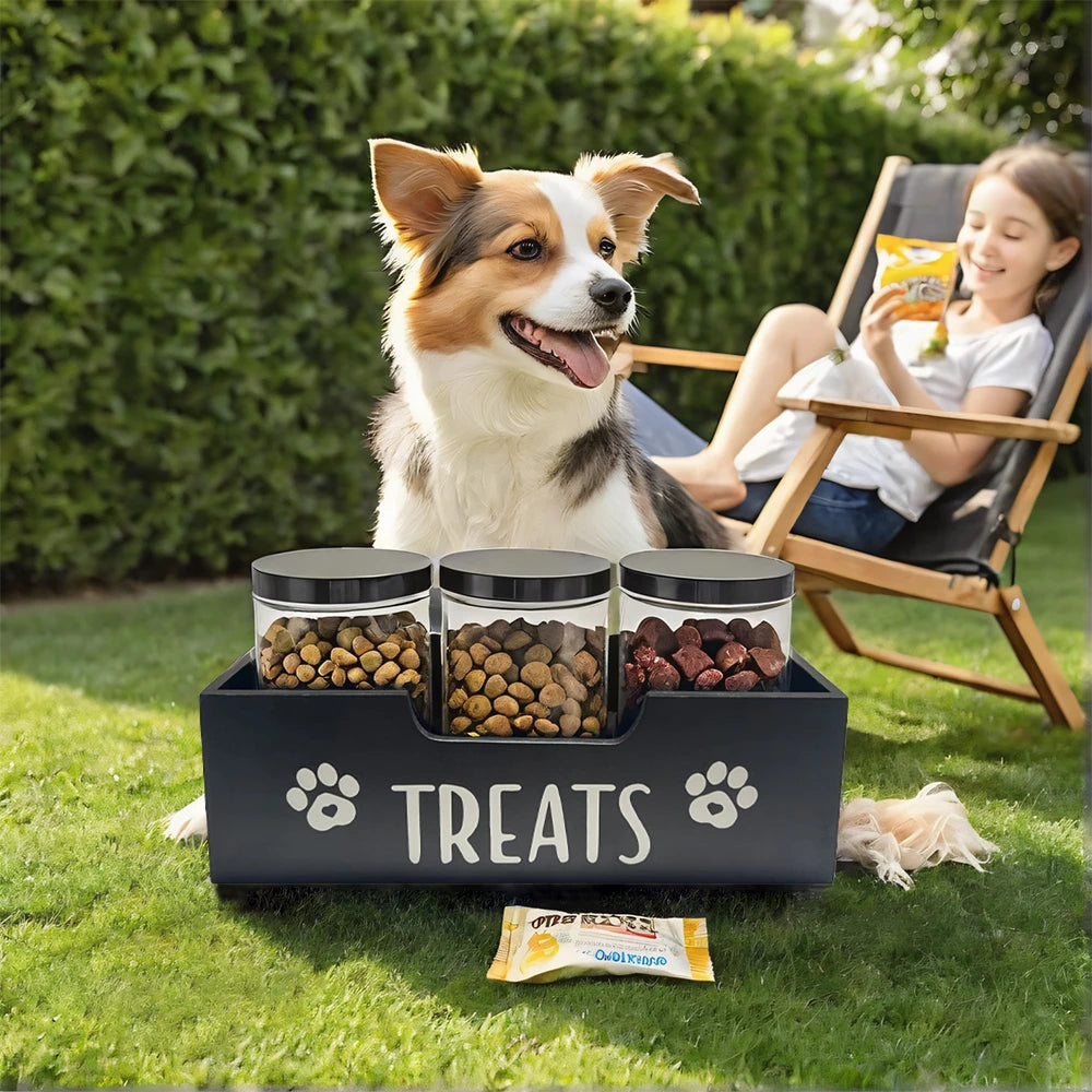 Pet Food Storage Container With Wood Holder And 3 Sealed Plastic Containers Pet Snack Storage Organizer For Dog Cat Storage