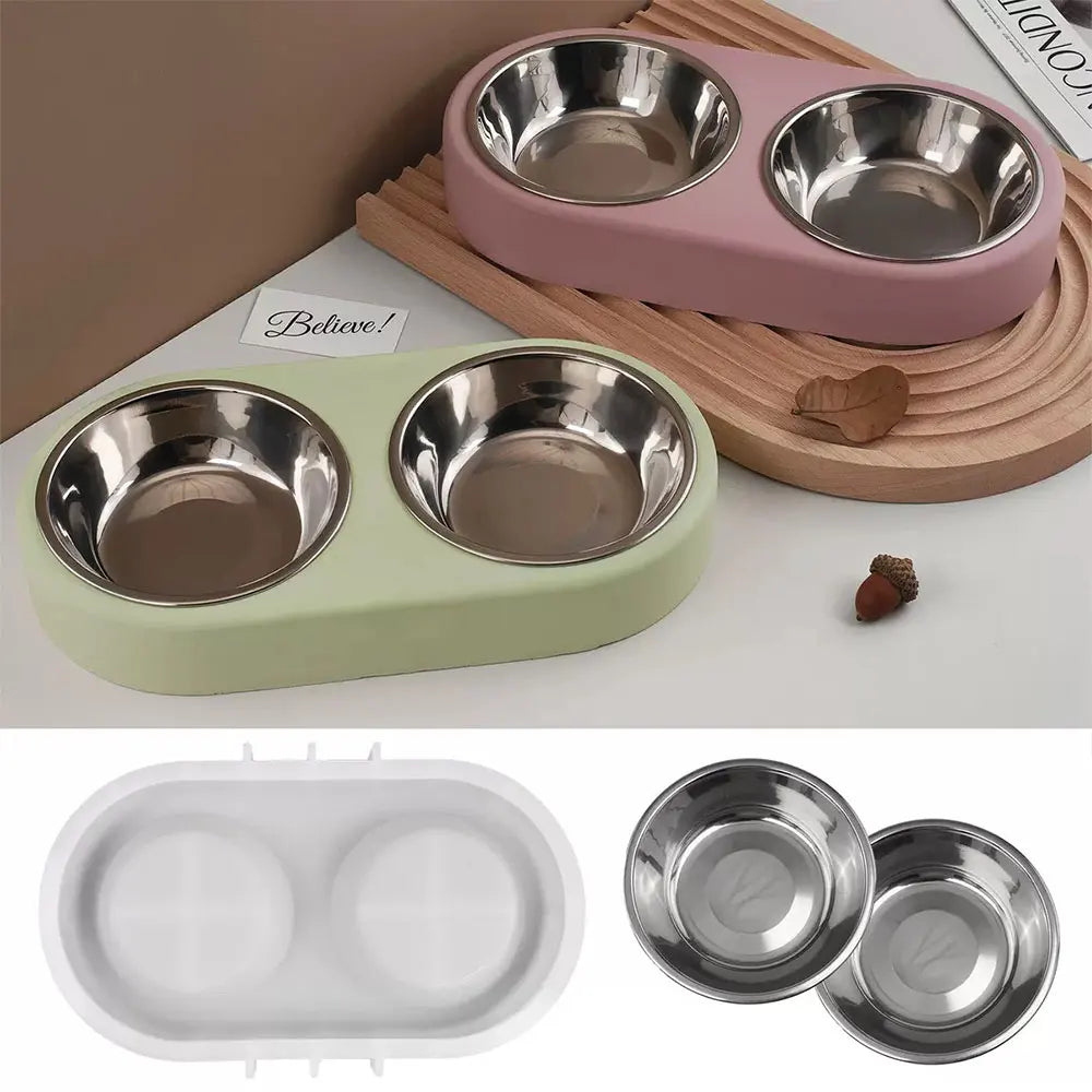 Pets Snack Bowls Silicone Mold Kit DIY Cat Food Dog Food Storage Pallet Resin Concrete Mold with Stainless Steel Disc