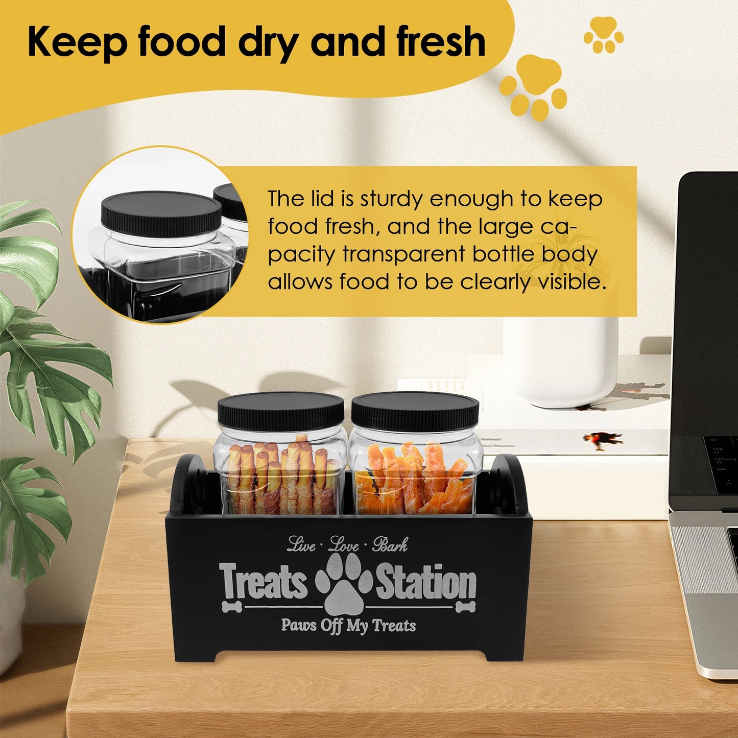 Wood Pet Food Storage Container with 2 Plastic storage Jars Large Capacity Pet Snack Storage Organizer For Dog Cookie Cat Treats