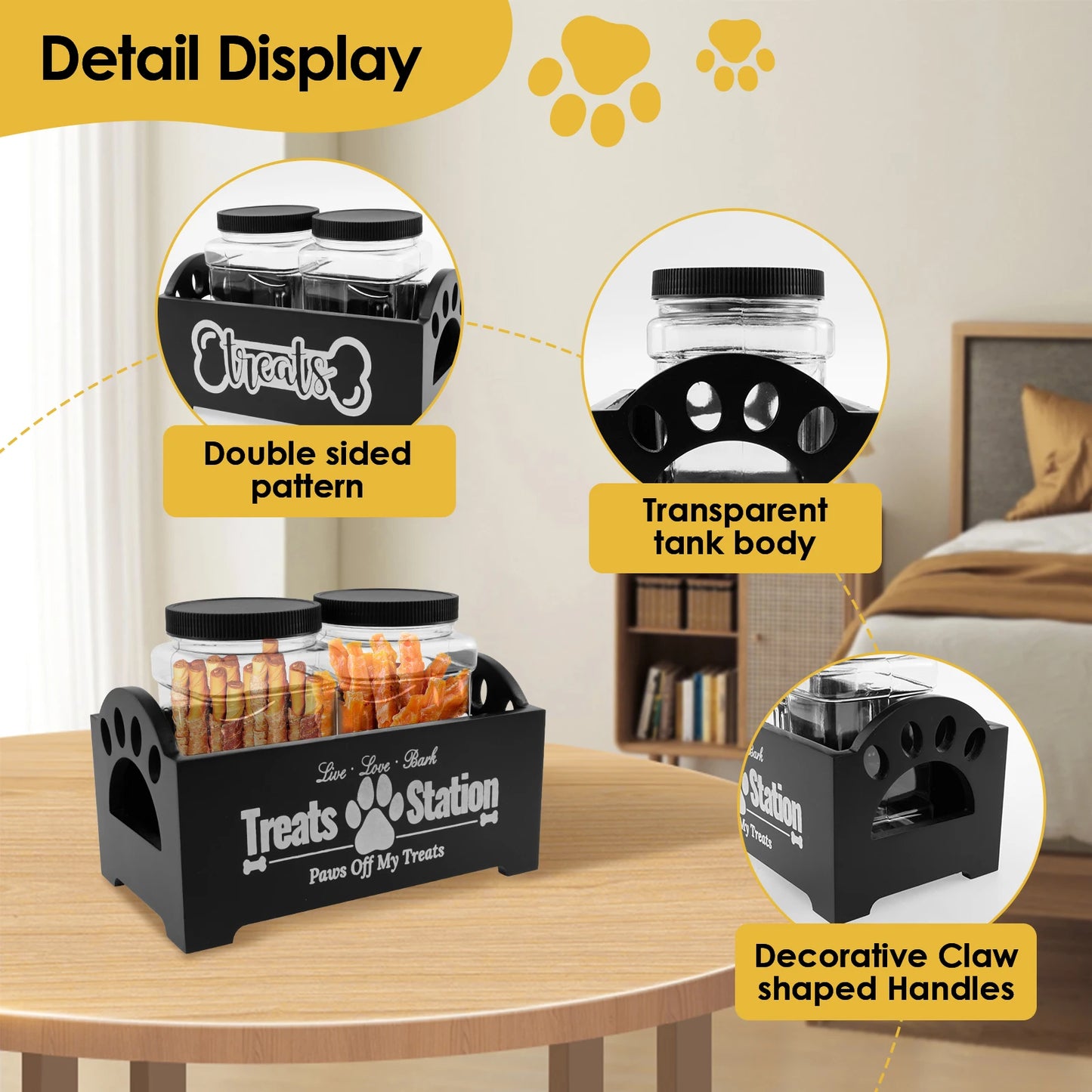 Wood Pet Food Storage Container with 2 Plastic storage Jars Large Capacity Pet Snack Storage Organizer For Dog Cookie Cat Treats