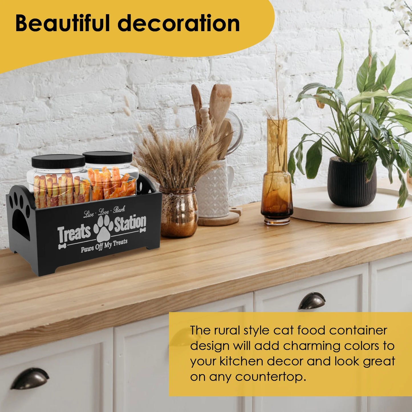 Wood Pet Food Storage Container with 2 Plastic storage Jars Large Capacity Pet Snack Storage Organizer For Dog Cookie Cat Treats