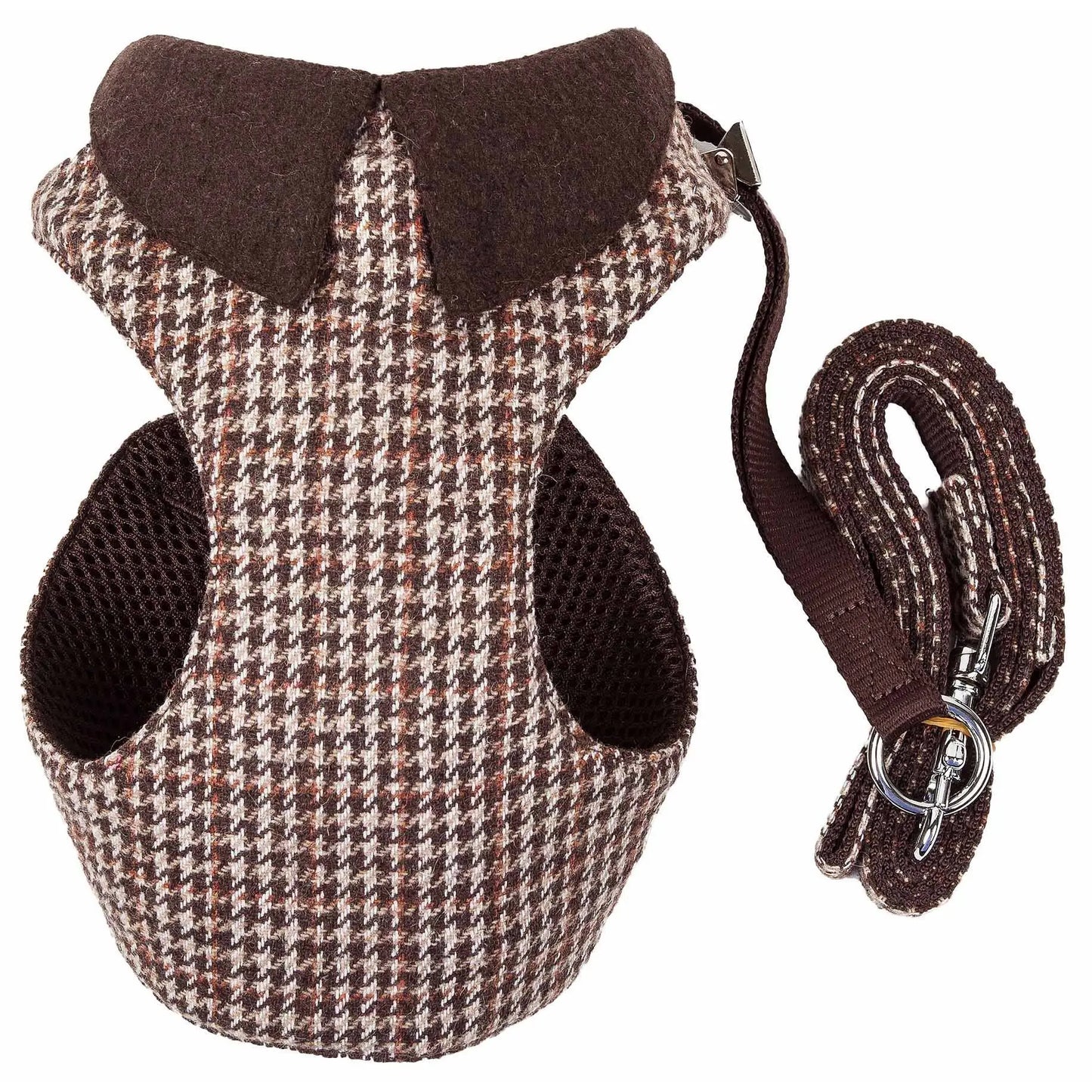 2-in-1 Adjustable Dog Harness & Leash Plaided Collared Mesh Reversible Pet Harnesses