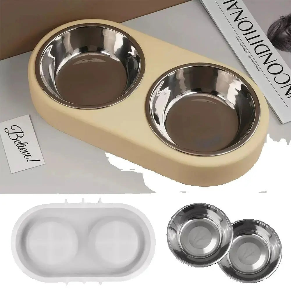 Pets Snack Bowls Silicone Mold Kit DIY Cat Food Dog Food Storage Pallet Resin Concrete Mold with Stainless Steel Disc