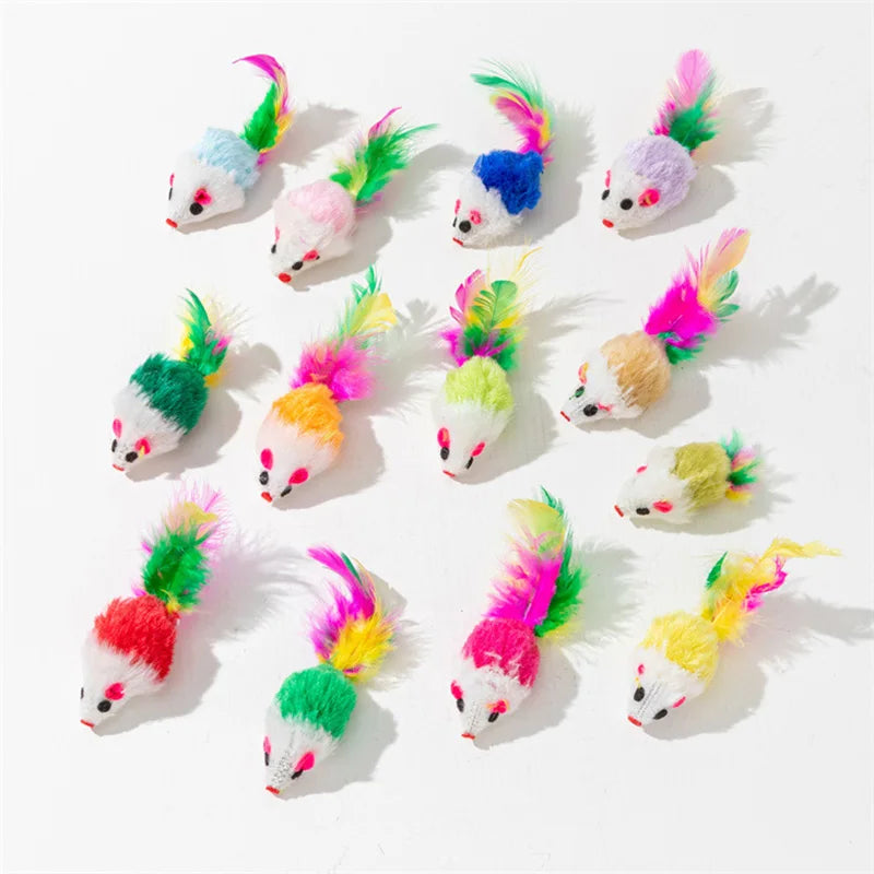 Pet Cat Toys Rabbit Fur False Mouse Feather Rainbow Mouse Toy Funny Playing Toys For Kitten