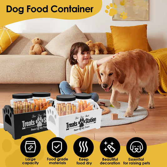 Wood Pet Food Storage Container with 2 Plastic storage Jars Large Capacity Pet Snack Storage Organizer For Dog Cookie Cat Treats