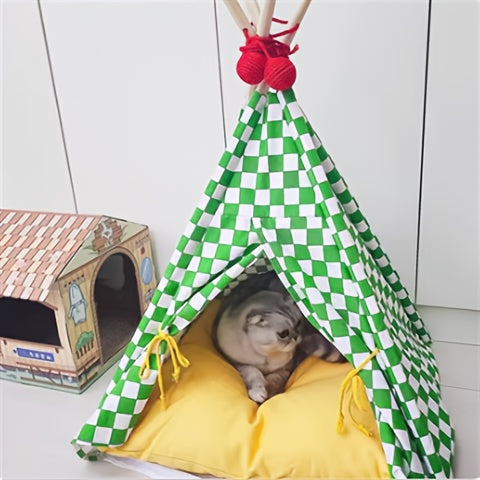 Zeze Cute Pet Tent Pet House Cat Nest Semi-closed Detachable Washable Mat Cat Bed Four Seasons Universal Cat Bed With Checkerboard Pattern