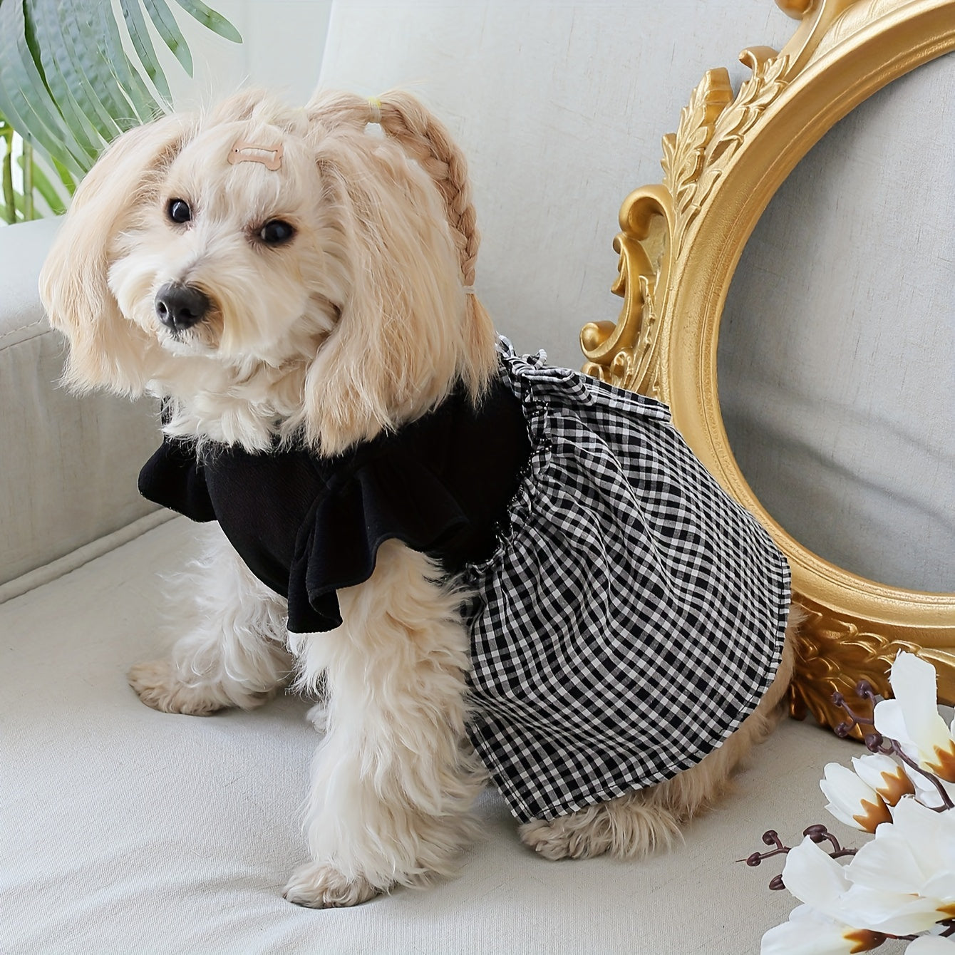 1pc Adorable Dog Pastoral Plaid Dress with Bow Bud & Flying Sleeves - Fashion Pet Skirt for Cats and Dogs - All Seasons Comfortable Clothing
