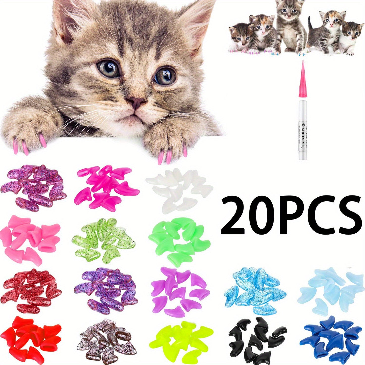 20/100pcs Vibrant Cat Nail Caps - Soft, Colorful, and Gentle Claws Covers with Easy-Apply Glue and Applicators for Safe and Stylish Pet Grooming