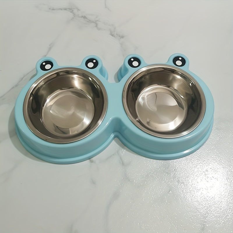 Pet Frog Design Stainless Steel Cat Double Bowl Water Food Bowls For Small Dogs Pet Cat