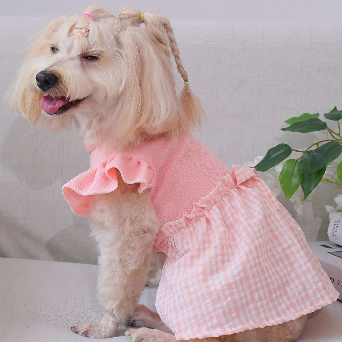 1pc Adorable Dog Pastoral Plaid Dress with Bow Bud & Flying Sleeves - Fashion Pet Skirt for Cats and Dogs - All Seasons Comfortable Clothing
