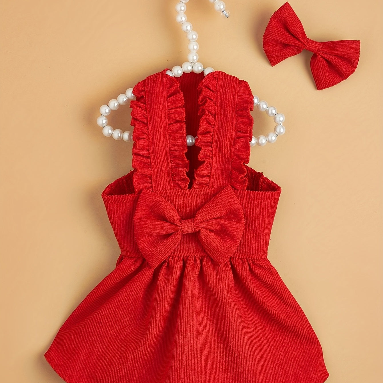 Adorable Red Corduroy Bowknot Dress for Small to Medium Dogs and Cats - All-Season Lightweight Pet Outfit with Matching Hair Clip, Perfect for Weddings, Christmas, and Special Occasions, Dog Dress