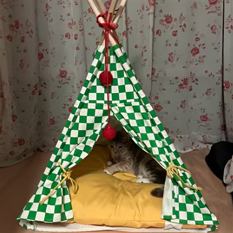 Zeze Cute Pet Tent Pet House Cat Nest Semi-closed Detachable Washable Mat Cat Bed Four Seasons Universal Cat Bed With Checkerboard Pattern