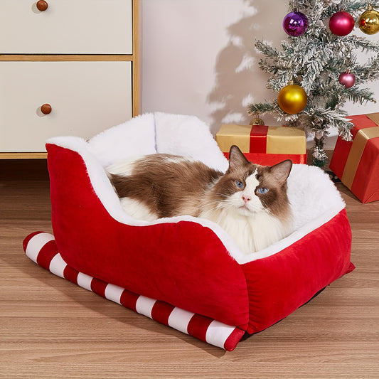 Christmas Sleigh Pet Bed - Red Velvet & Faux Fur, Breathable Soft Puppy & Kitten Bed with Santa Hat Design, Washable & Durable for Indoor/Outdoor Use - Perfect Holiday Gift for Dogs & Cats, Cat Lover Gifts