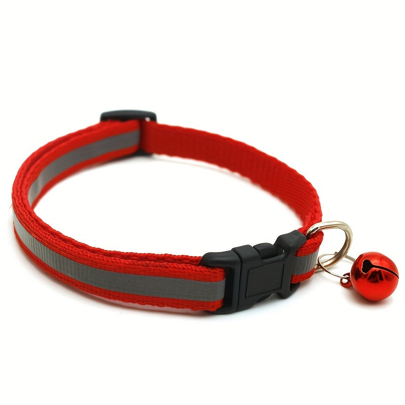 Reflective Safety Cat Collar With Bell - Adjustable, Durable Polyester Pet Neck Strap For Nighttime Visibility