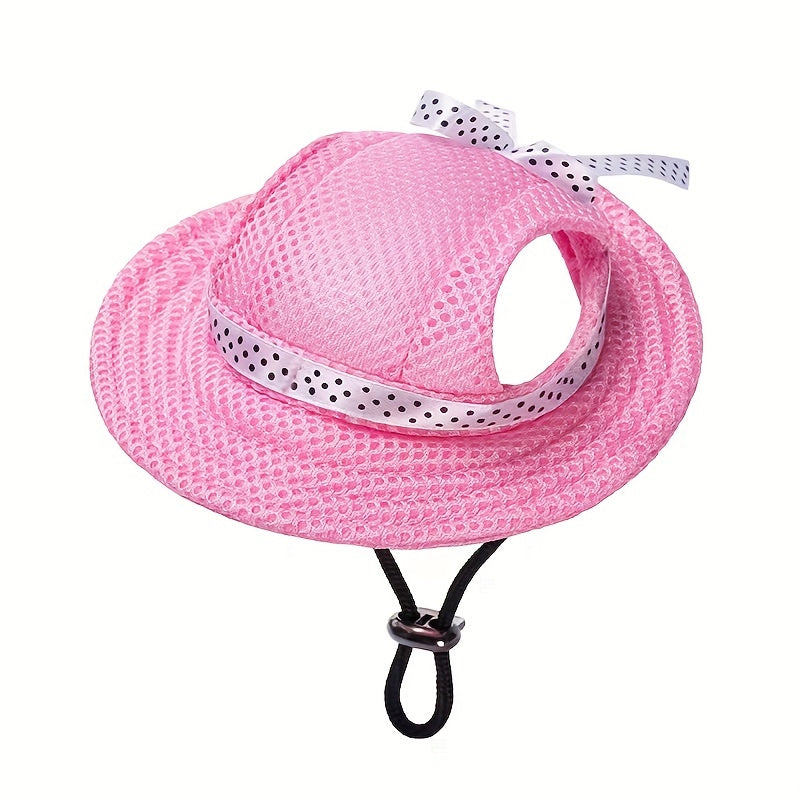 Adjustable Round Brim Dog Cap with Ear Holes - Cute Pet Grooming Dressing Hat for Outdoor Sun Protection