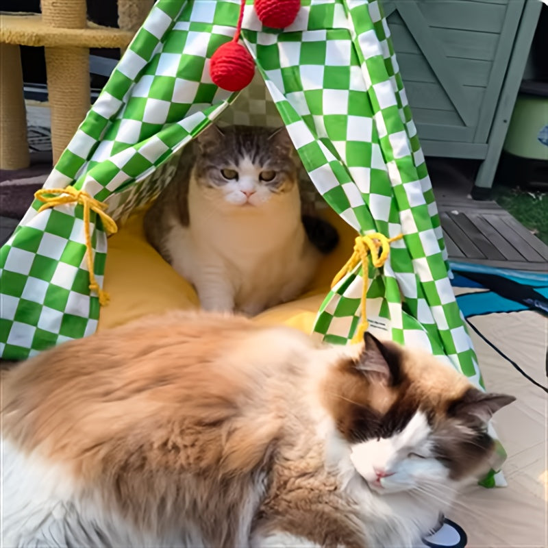 Zeze Cute Pet Tent Pet House Cat Nest Semi-closed Detachable Washable Mat Cat Bed Four Seasons Universal Cat Bed With Checkerboard Pattern