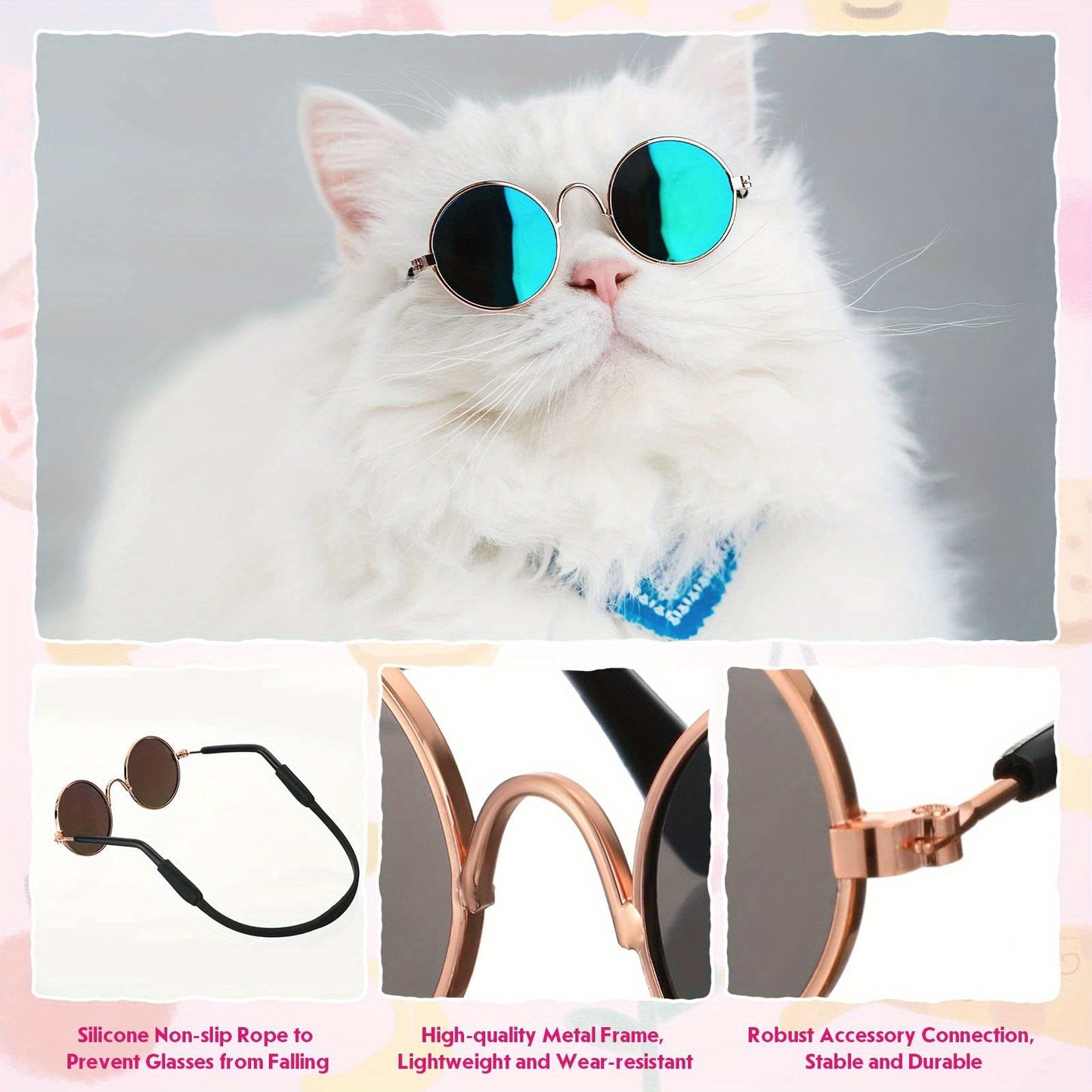 8 Pcs Pet Dog Cat Costume Dog Neck Tie And Dog Sunglasses For Small Dog Cat Round Metal Cat Classic Retro Sunglasses Cat Tie Pet Costume Tuxedo Necktie Collar Puppy Grooming Accessories Cosplay Party