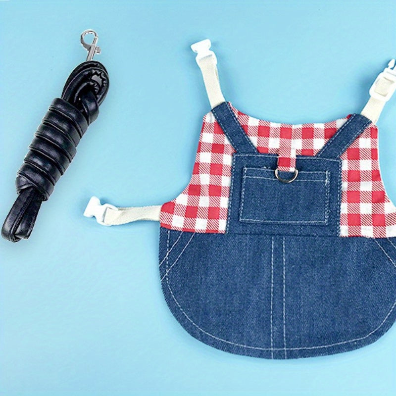 Durable Canvas Plaid Denim 1pc Rabbit Harness with Leash - Perfect for Dwarf Rabbits & Young Guinea Pigs - Stylish Pet Traction Rope Accessory