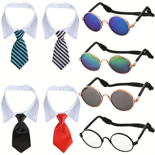 8 Pcs Pet Dog Cat Costume Dog Neck Tie And Dog Sunglasses For Small Dog Cat Round Metal Cat Classic Retro Sunglasses Cat Tie Pet Costume Tuxedo Necktie Collar Puppy Grooming Accessories Cosplay Party