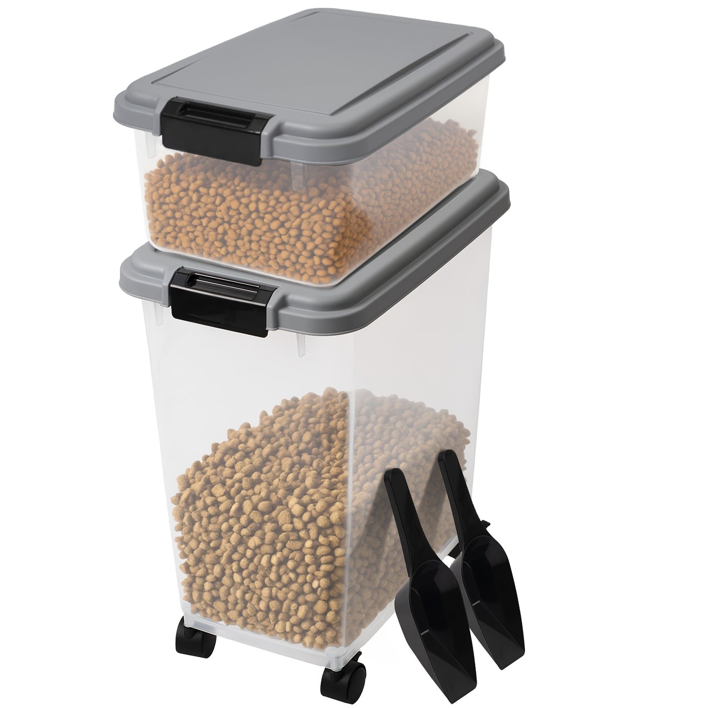 30LBS & 11LBS Large Pet Food Storage Bin with Locking Lid & 4-Wheel Mobility - Heavy-Duty Clear Square Container with Black Base, Spill-Proof Design for Dogs, Cats, Birds - Easy-Clean Durable Plastic Food Dispenser with 2 Cup