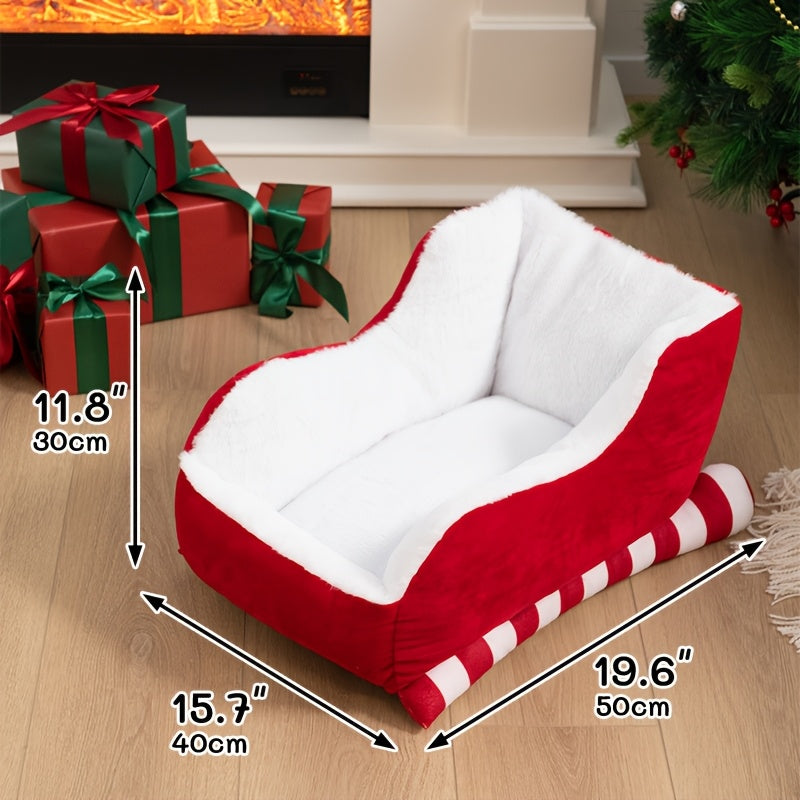Christmas Sleigh Pet Bed - Red Velvet & Faux Fur, Breathable Soft Puppy & Kitten Bed with Santa Hat Design, Washable & Durable for Indoor/Outdoor Use - Perfect Holiday Gift for Dogs & Cats, Cat Lover Gifts