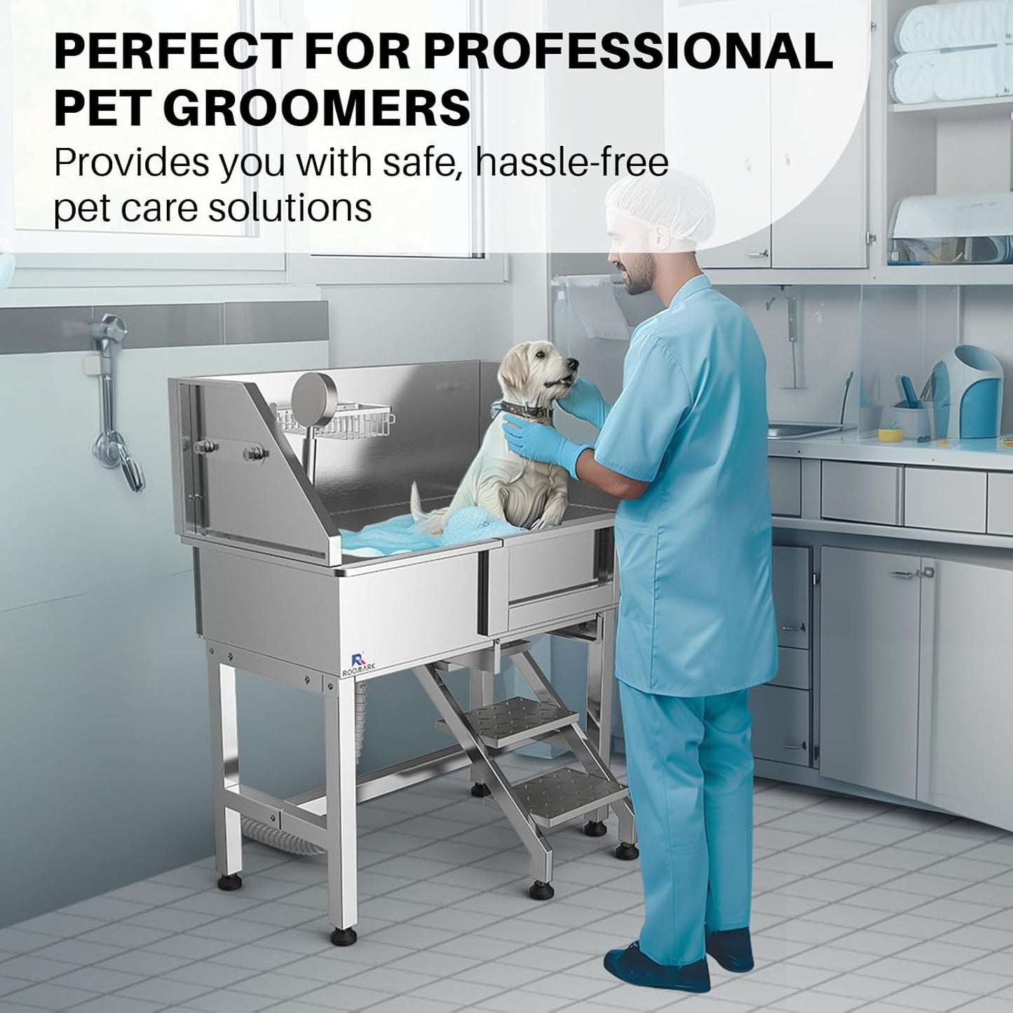 34" Stainless Steel Dog Washing Station with Sliding Door, Steps, Faucet & Sprayer – Easy-Access Bathtub for Small to Medium Pets, Max 110LB Capacity, Right Door Entry, Durable & Easy to Clean, Home Pet Care | Sliding Door