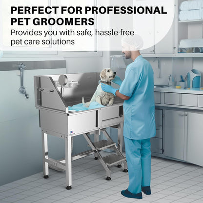 34" Stainless Steel Dog Washing Station with Sliding Door, Steps, Faucet & Sprayer – Easy-Access Bathtub for Small to Medium Pets, Max 110LB Capacity, Right Door Entry, Durable & Easy to Clean, Home Pet Care | Sliding Door