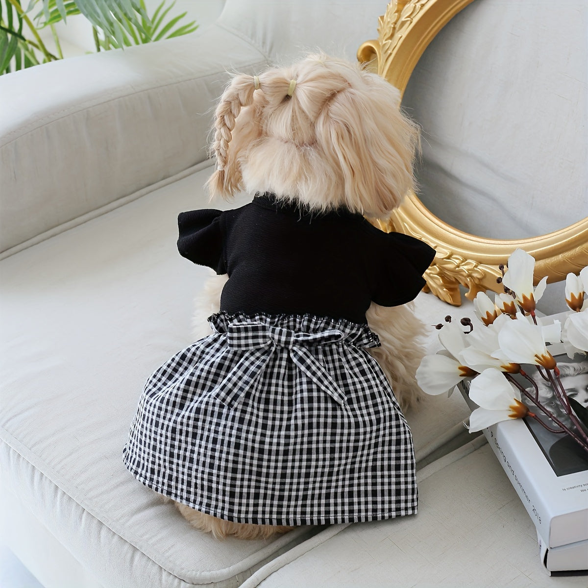 1pc Adorable Dog Pastoral Plaid Dress with Bow Bud & Flying Sleeves - Fashion Pet Skirt for Cats and Dogs - All Seasons Comfortable Clothing